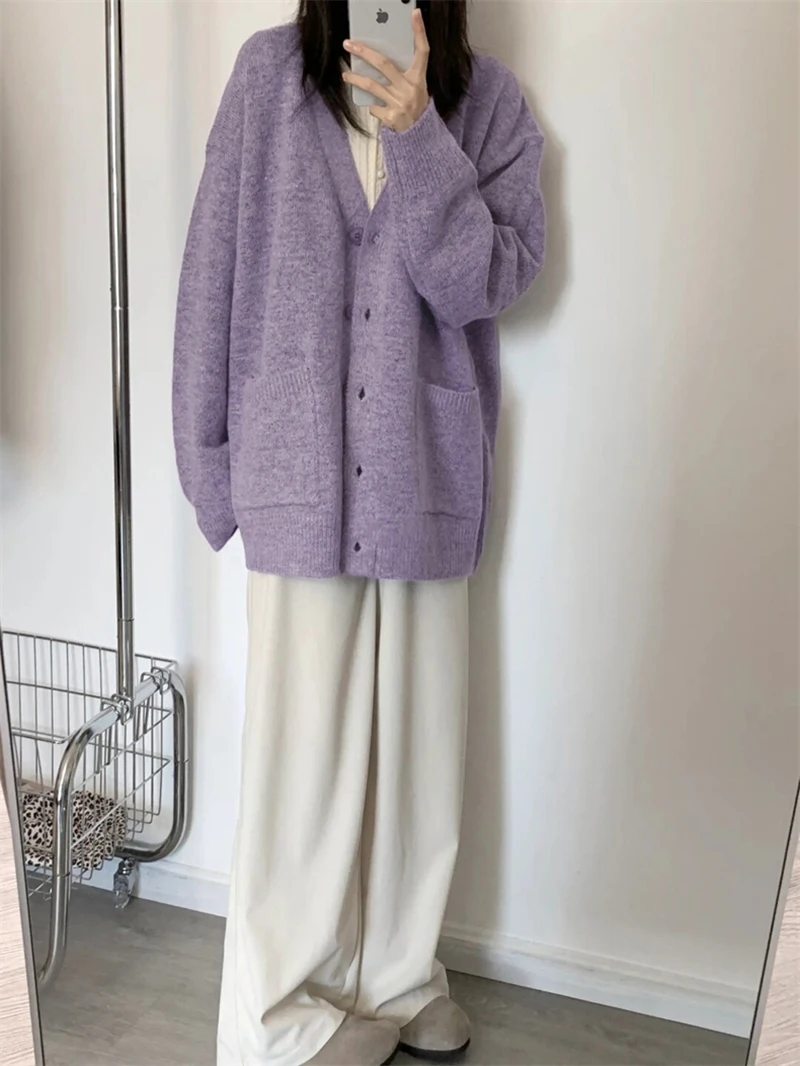 2026 Lethargy Women's V-neck Knit Sweater Casual Loose-Fitting Cardigan High-Quality Pullover Knitwear Comfortable Jumper