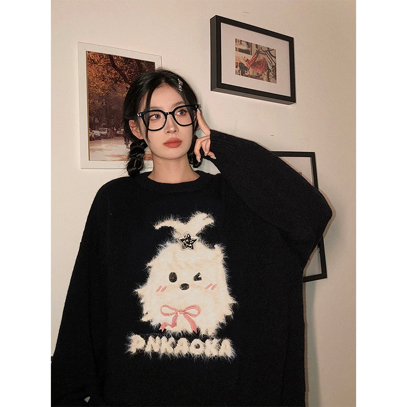 

Harajuku Black Sweater Women Streetwear Cartoon Print Knitted Pullovers Korean Fashion O Neck Knitwears Winter Casual Jumpers
