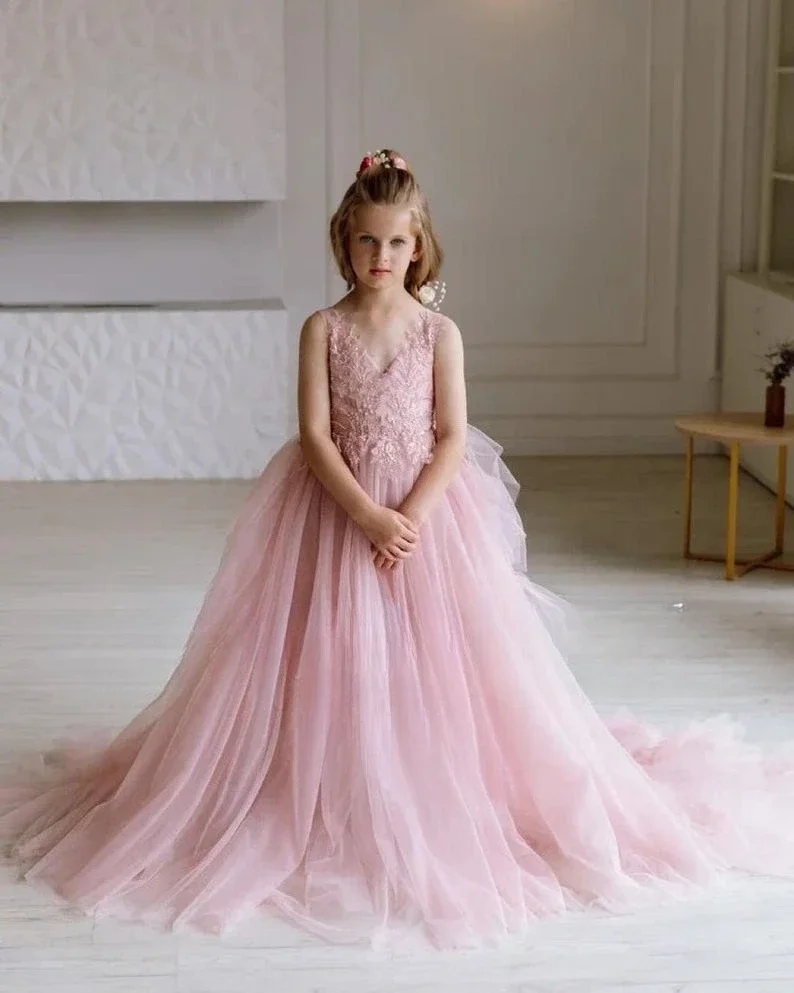 Tulle Tutu Lace Long Dress Girl Dresses for Weddings Princess Flower Girl Dress Pink Dress for Baby Junior Bridesmaid Dresses