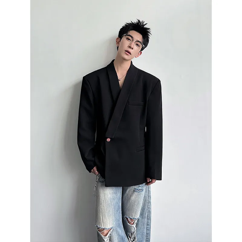 

Loose Fit Bla Men's Suit Jaet Spring Autumn een Fruit Collar Design Casual Comfortable Waist-Cinching Korean Sle