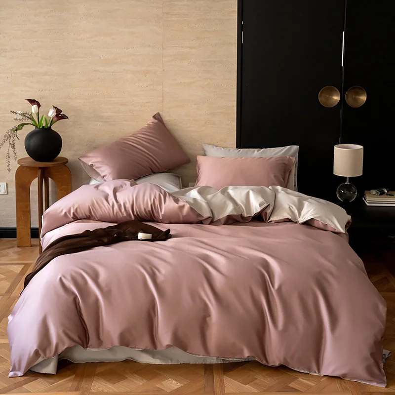 Simple 100S cotton satin long staple cotton four piece set solid color double splicing pure cotton soft skin friendly duvet cove