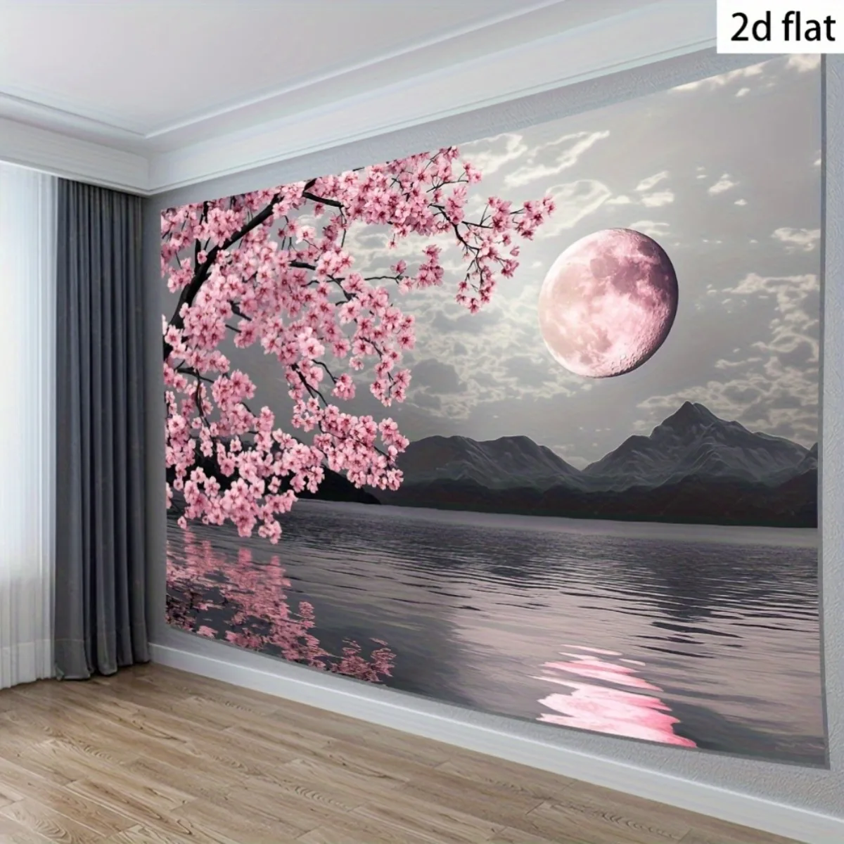 Elegant Cherry Blossom Sakura Wall Tapestry Mural Moon Night Landscape Home Decor Polyester Poster Art for Living Room Bedroom