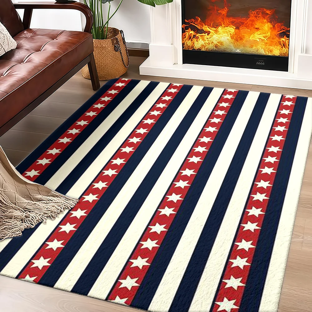VIKAMA Patriotic Star Stripe Rug,Non‑Slip Mat,Red Blue White Vertical Star Striped Carpet for Living Room Bedroom Indoor Decor
