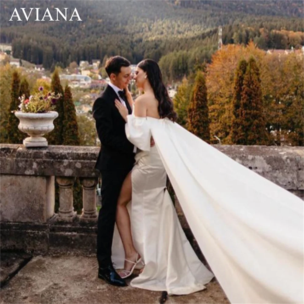 Aviana-vestido de novia elegante con cuello en V para mujer, vestido de novia de satén con mangas abullonadas, Espalda descubierta, corte sirena, abertura alta, 2023