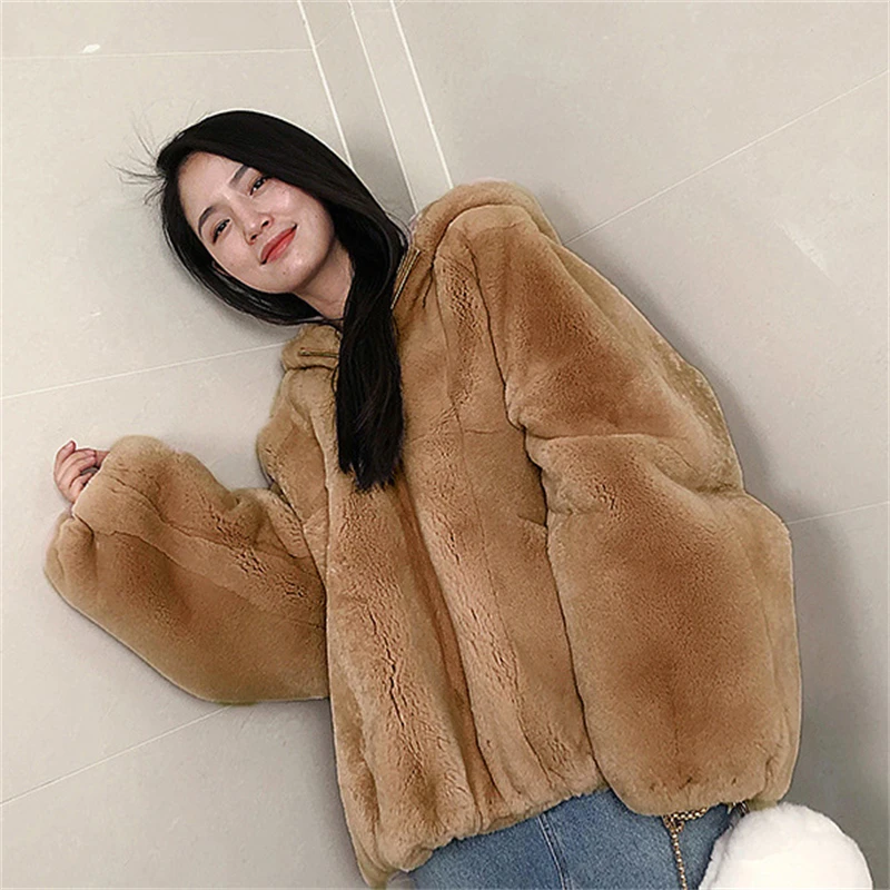 Korean Style New Faux Fur Coat Women\'s Hooded Fashion Casual Sweatshirt Warm Baseball Suit Solid Color Warm Furry Cute Coat