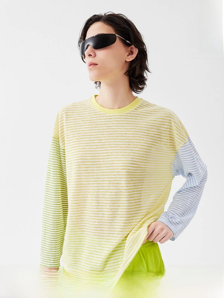 

Легкая дышащая футболка с длинными рукавами в полоску для женщин, свободного кроя, с защитой от солнца, прохладная и легкая.