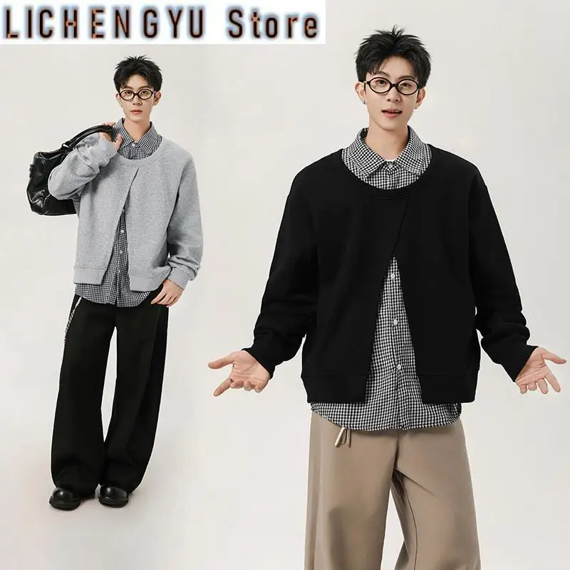 Men's Versatile and Fake Two Piece Design Fashion Korean Checked Printed Long Sleeve Sweatshirt 2025 New Autumn Solid Color Coat
