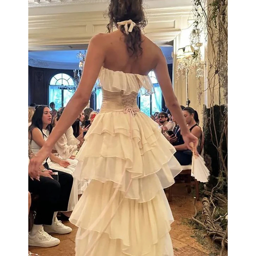 

Vintage Custom Made Women Dress Elegant Chiffon Strapless Cinched-Waist Sleeveless Tiered Evening Dress Simple Wedding Dress