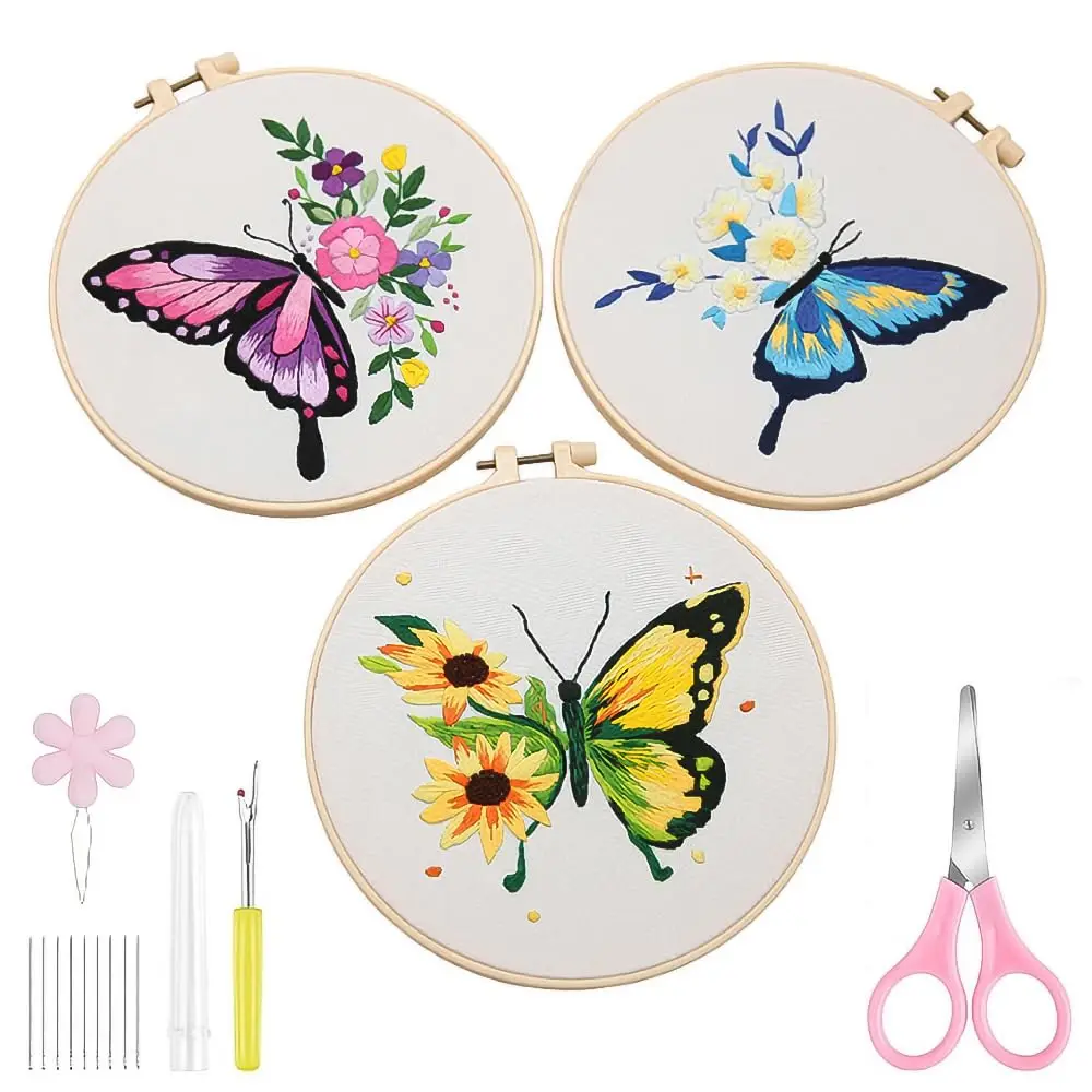 

3 Pieces Set DIY Embroidery Kit Butterfly Flowers Cute Embroidery Starter Crafts 3 Sets Beginner Embroidery Kit for Adults &