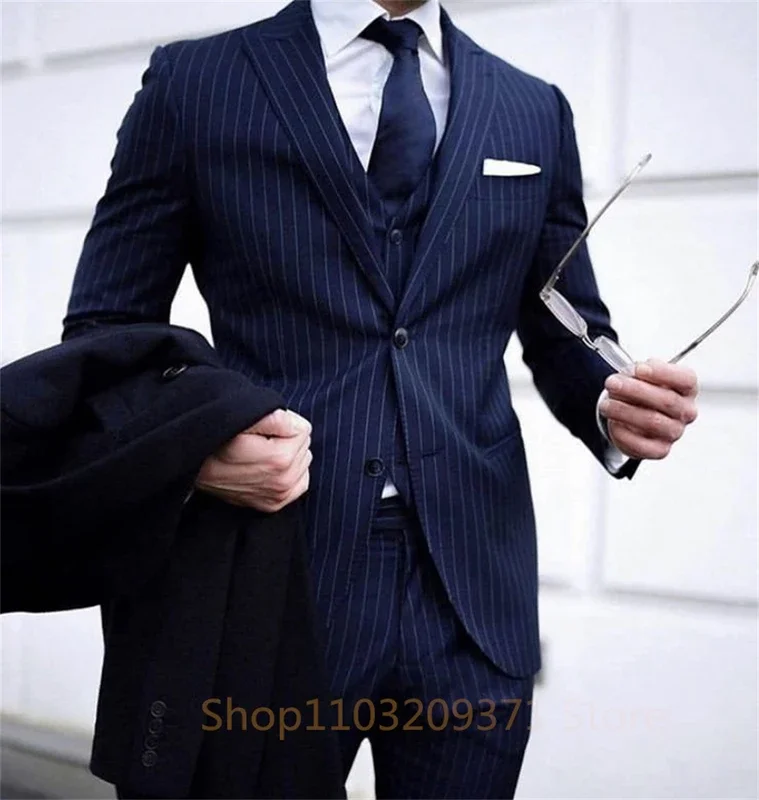 3 Pieces Fashion Navy Blue Striped Suits For Mens Formal Business Blazer Wedding Groom Tuxedo  Jacket Vest Pants Terno Masculino