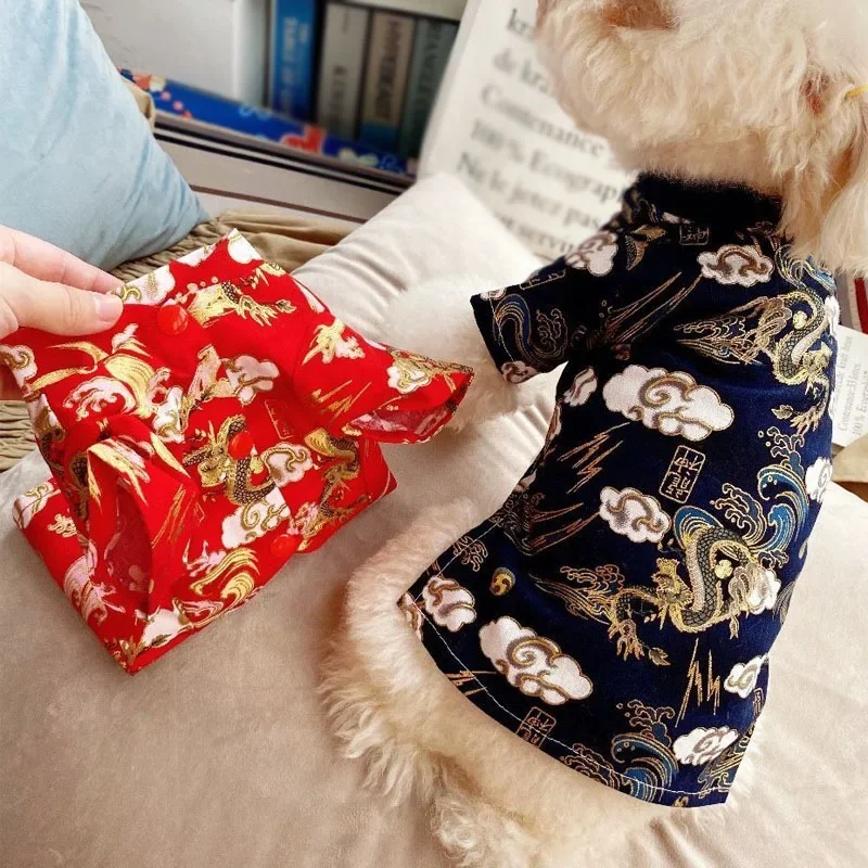 Pet Dog Clothes Chinese New Year Tang Suit Autumn Winter Small Medium Dog Cats Traditional Festival Coat Pet Dogs Puppy Clothes