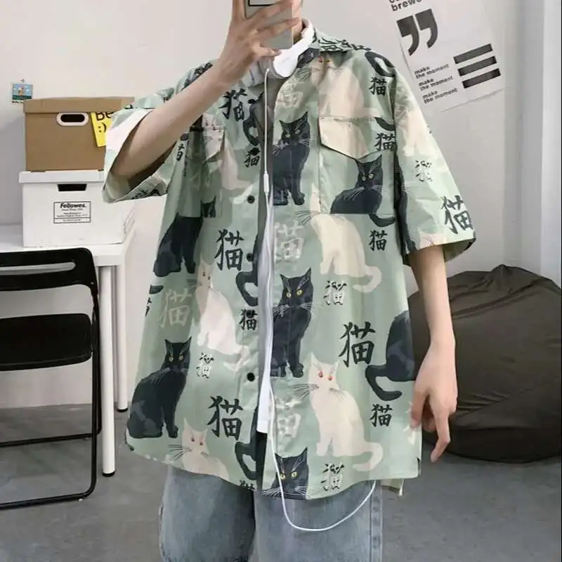 Mens Cute Shirt Black Cats Print Shirts Short Sleeves Summer Lapel Neck Buttons Cartoon Shirt Beachwear Tops Camisa Harajuku Top