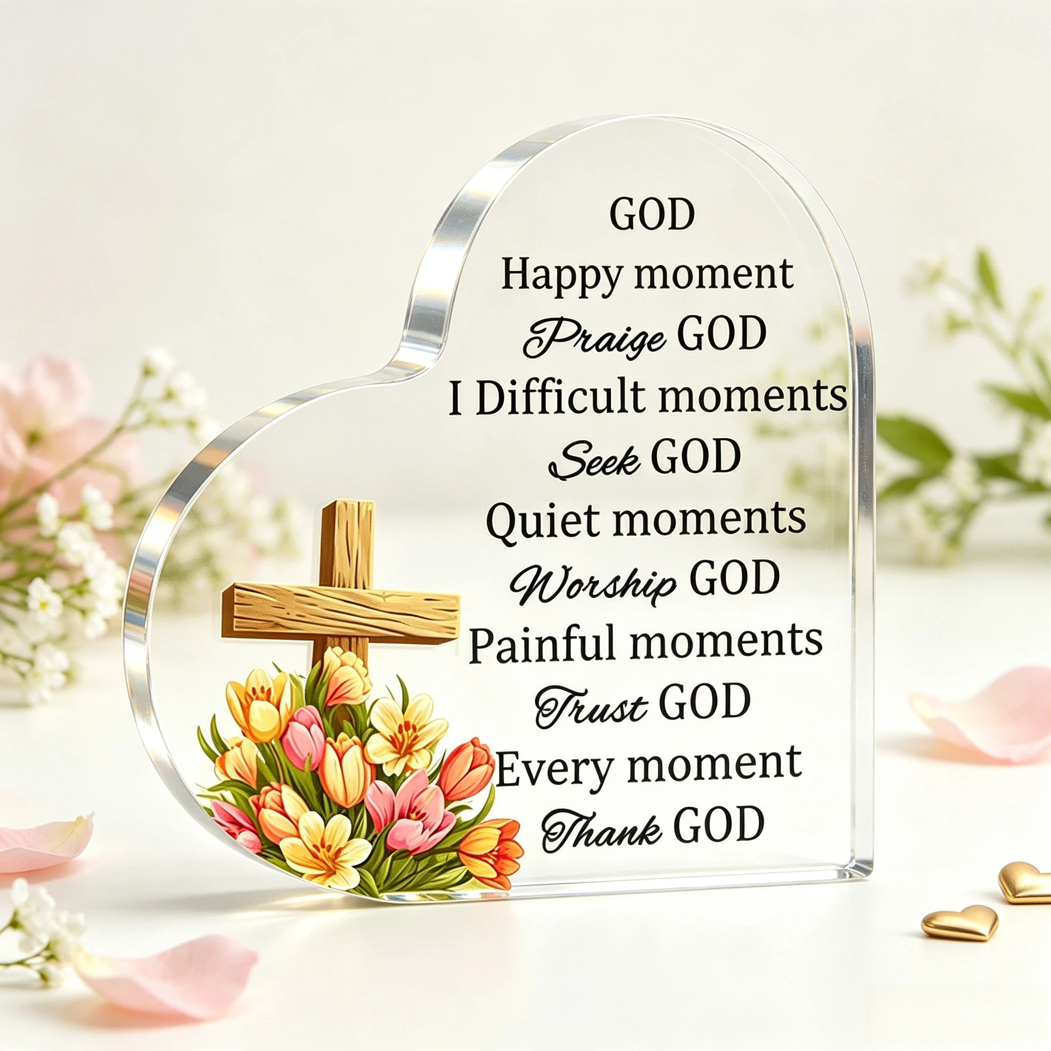 Wood Cross With Colorful Tulip Bouquet Heart Acrylic Stand, Faith Religious Scripture Quote Table Ornament