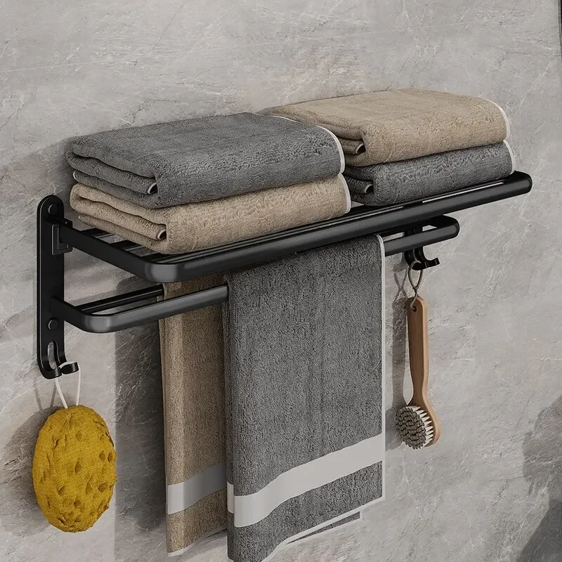 40/50/60CM Matte Black 50CM Folding Holder With Hook Towel Holder Wall Mount AluminumTowel Rack Double layer/single layer