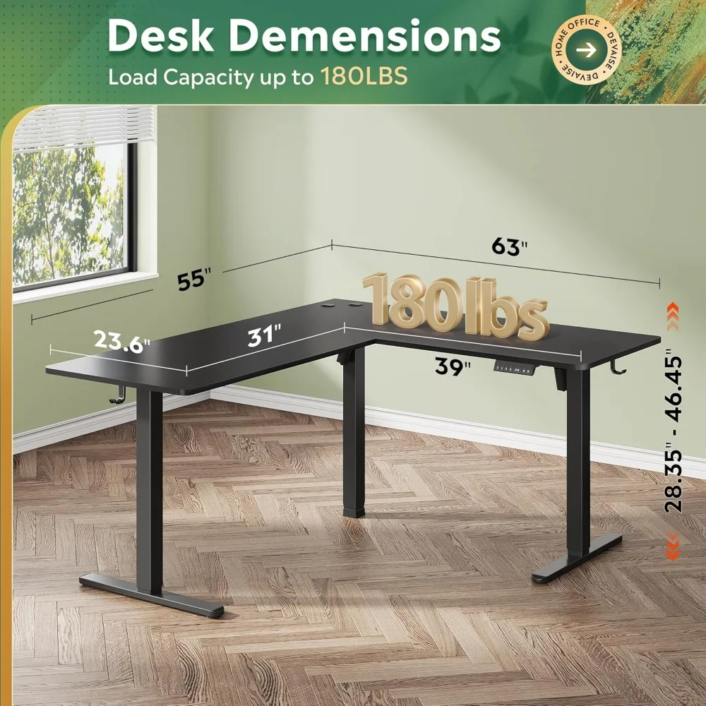 مكتب قائم على شكل حرف L بارتفاع قابل للتعديل، مكتب قائم بزاوية كهربائية بمحرك مزدوج، مقاس 63 × 55 بوصة، مكتب مكتب منزلي مع