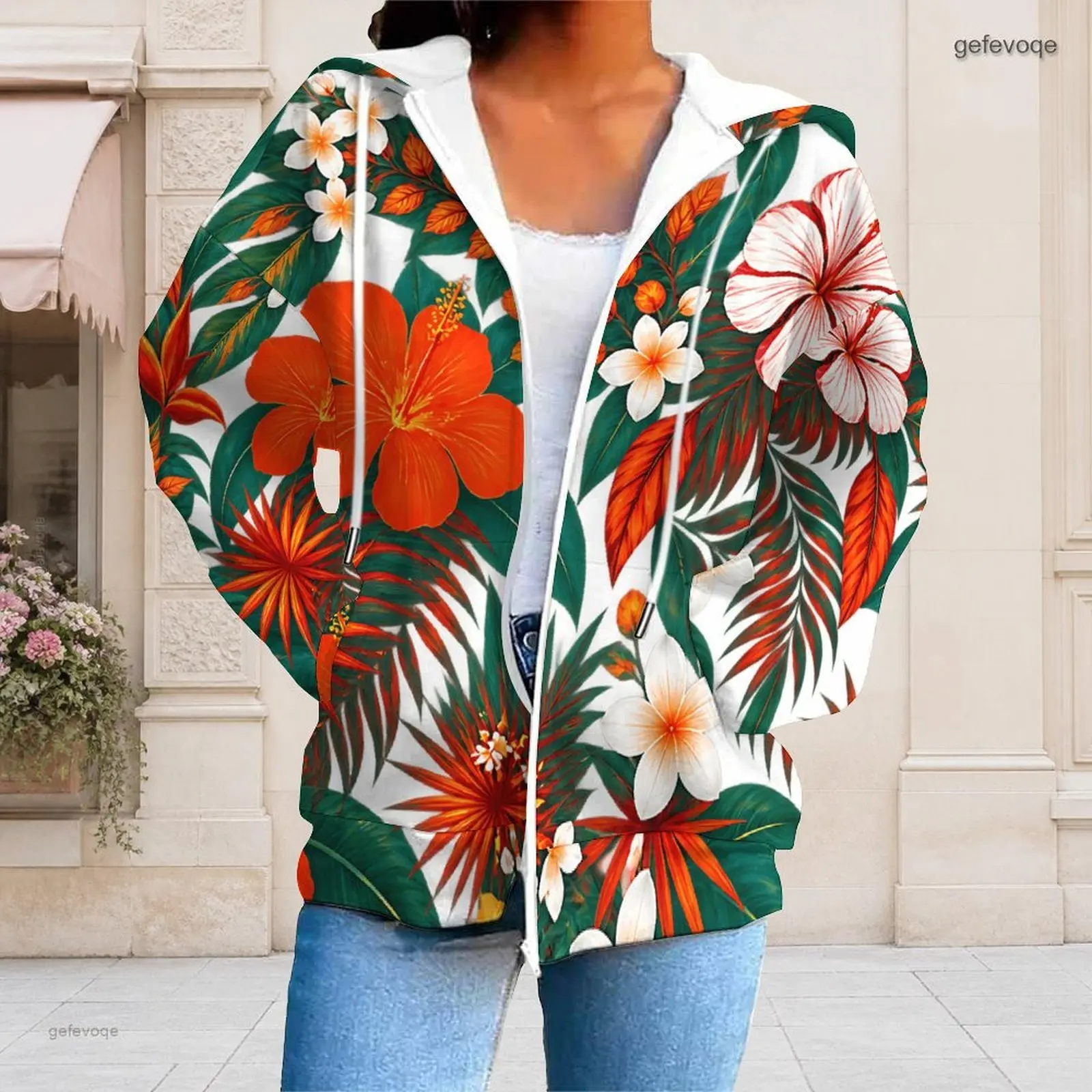 Women Vibrant Floral Printed Zip Up Long Sleeve Hoodie with Drawstring and Pockets