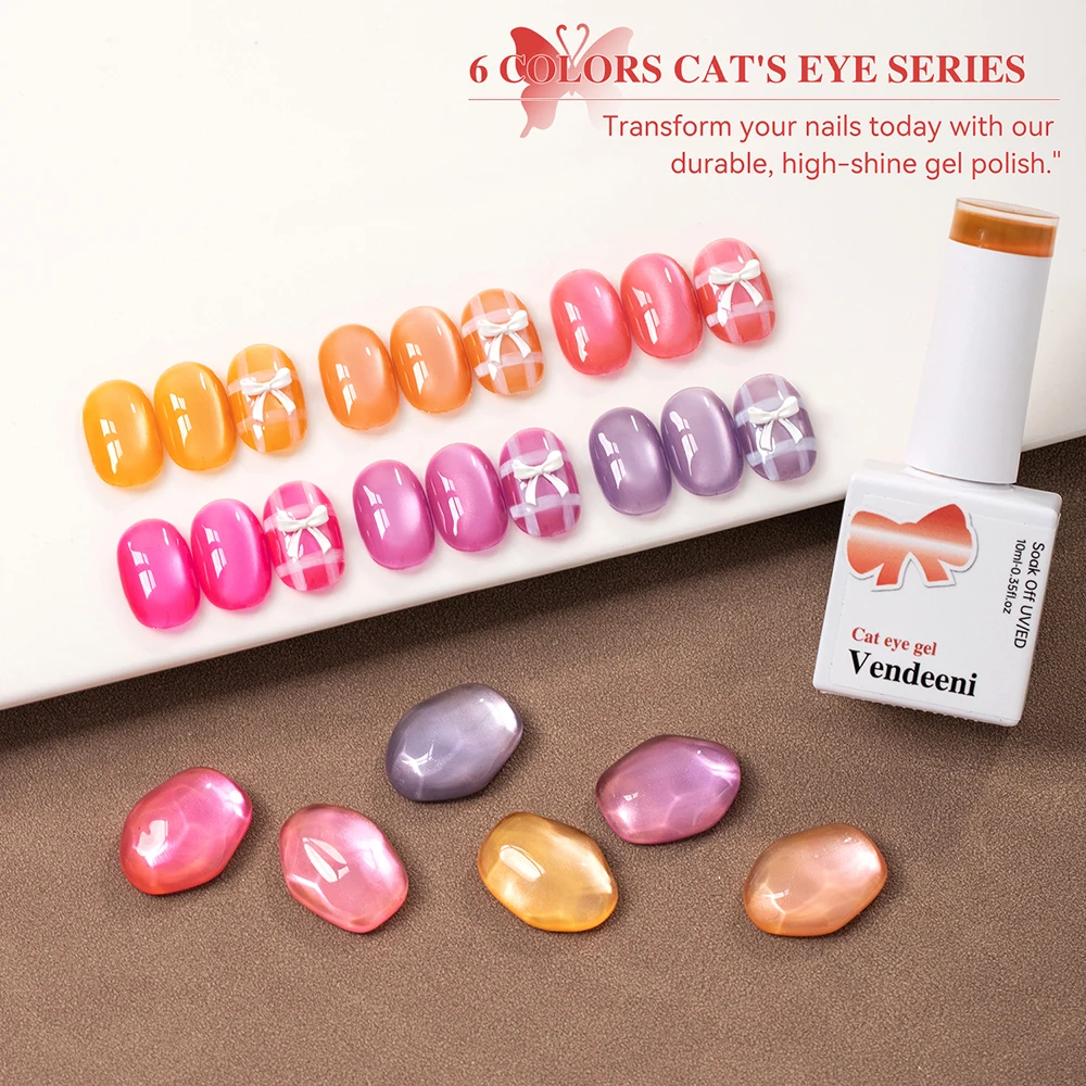 Vendeeni 6 Farben/Set Traumhafter Kristall-Katzenaugen-Gel-Nagellack Magnetische Glasperlen Rosa Lila UV-LED-Gel-Lack mit Display – Detail 5