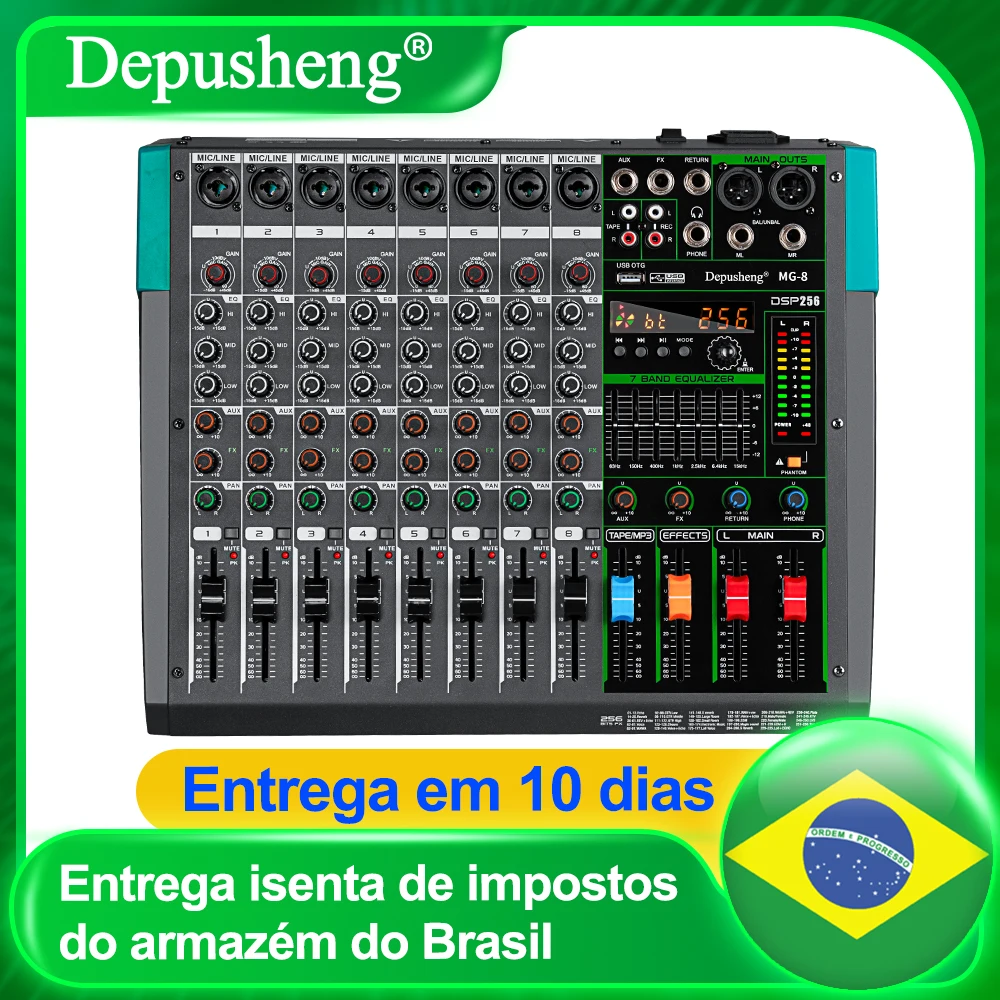 Mesa de Som Profissional Depusheng MG8 8 Canais com Interface de Sistema de Mixagem DJ e Efeito de Reverb Integrado de 256