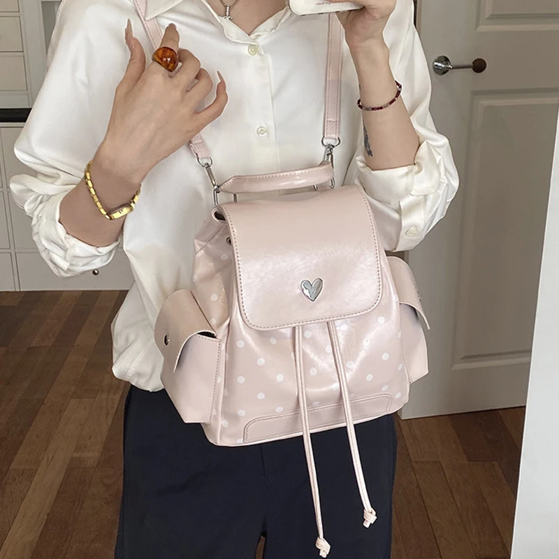 High End Polka Dot Backpack Women Autumn Large Capacity Pu Leather Travel Commuter Handbag College Students Easy Carrying Bag