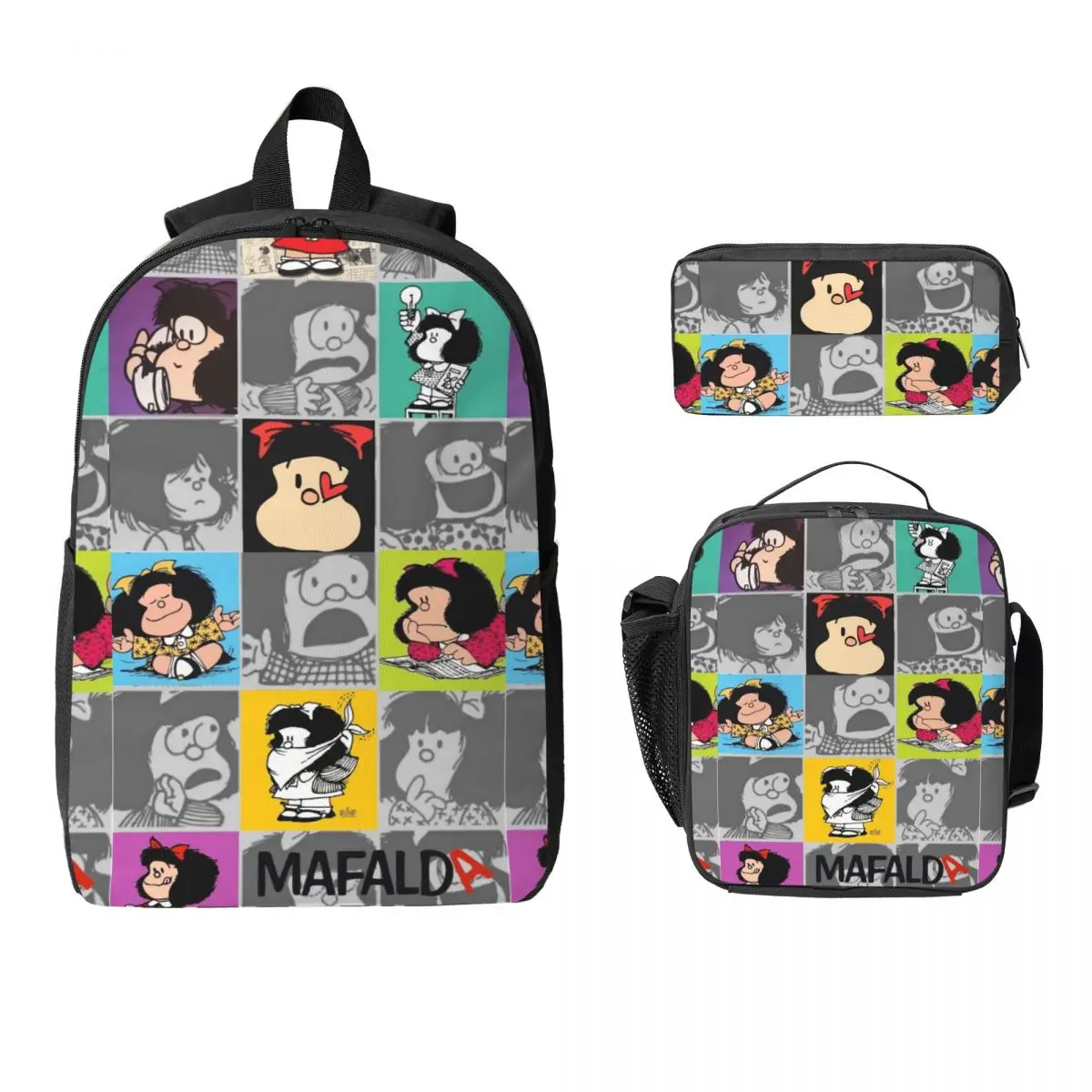 

3Pcs Fondo Celular Mafalda Backpack Set for Kids Pencil Boxes Bookbag Sets with Lunch Box For Primary School Students Knapsack