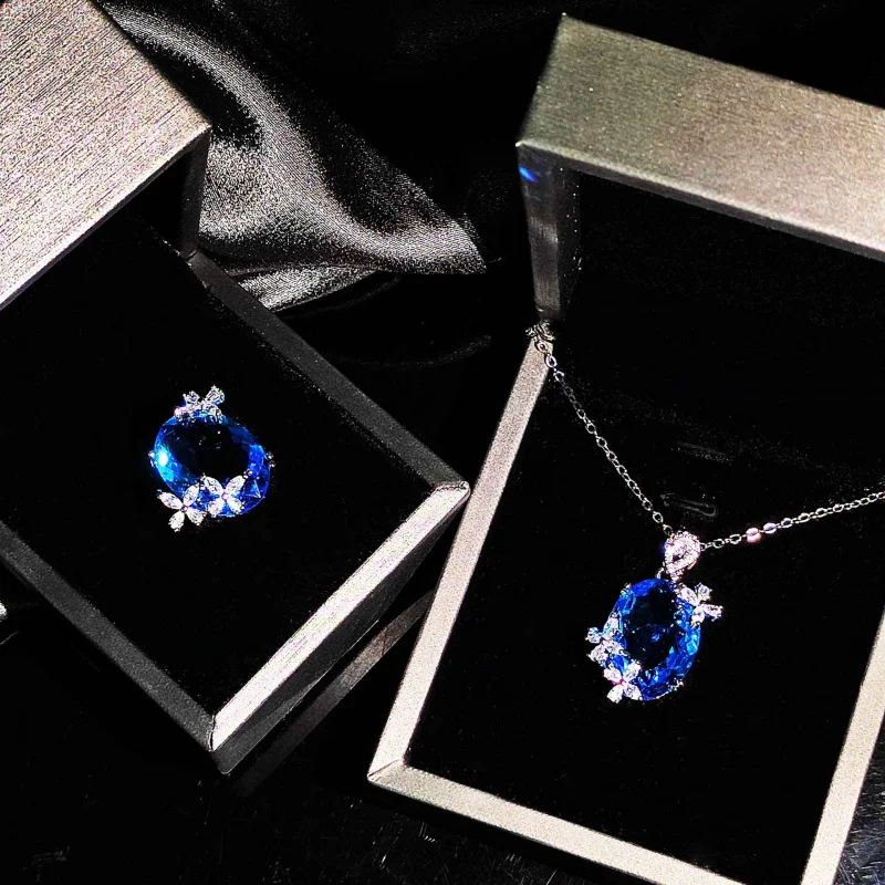 Sea-Blue Cubic Zirconium Ladies' Engagement Ring Necklace Set 2026 Fashion Luxury Version for Party Occasions