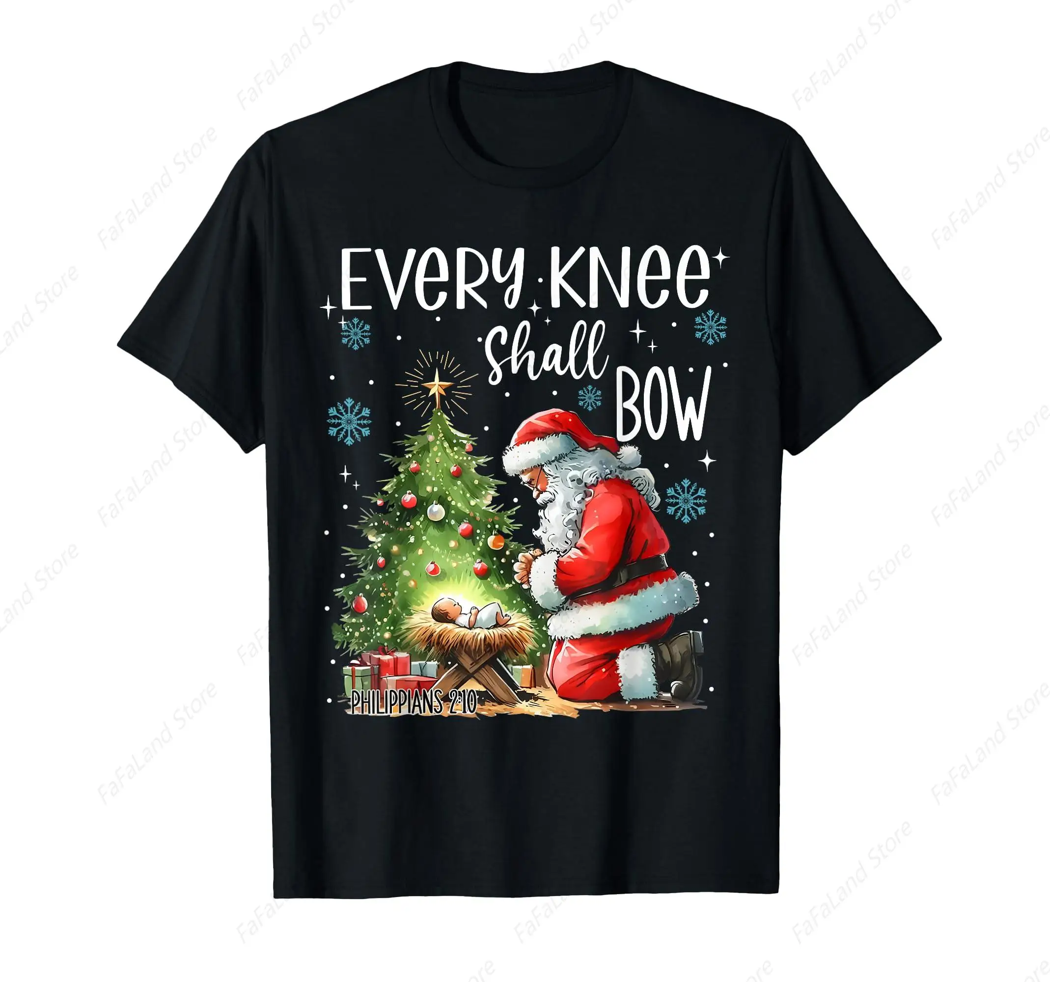 Every Knee Shall Bow Santa Christmas Nativity Scene Xmas T-Shirt for Men Women Cotton Top Tee Fashion Casual Short Sleeves