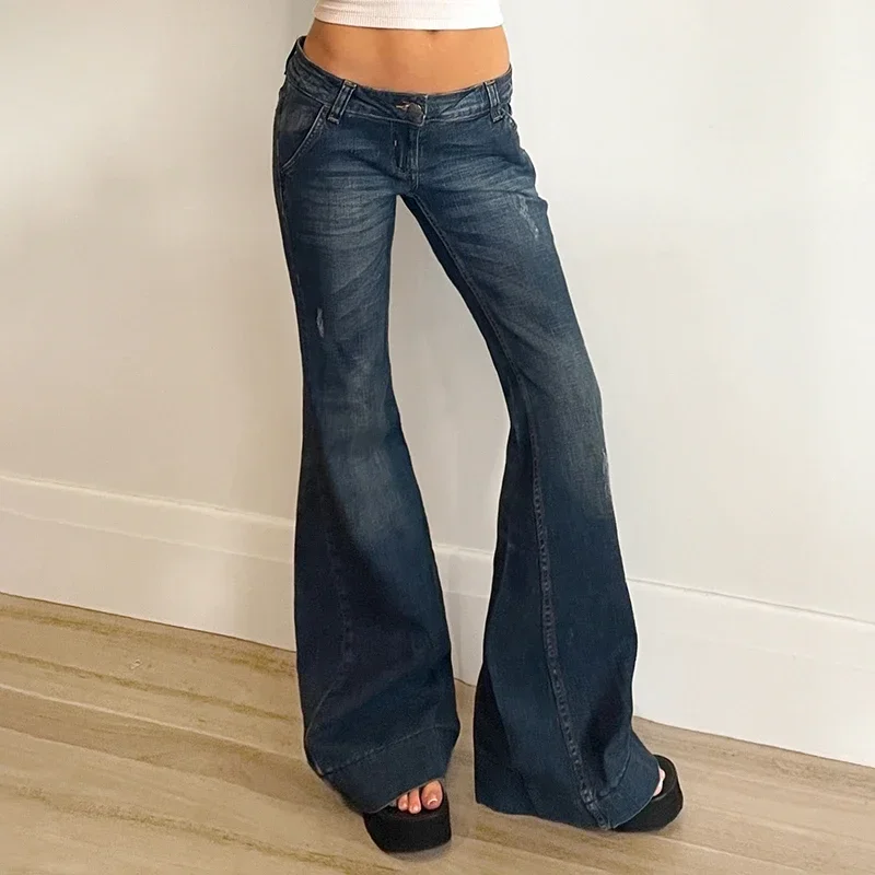 Blue Low Rise Flare Jeans Vintage 2000s Slim-fitting Denim Pants Korean Style Women Trousers y2k Distressed Mom Jeans 90s