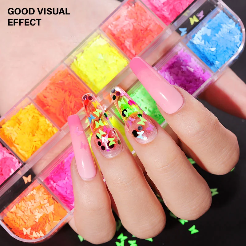 Sparkly Butterfly Nail Sequins, Espelho Paillette, Cores Misturadas, Nail Holographics Glitter, 3D Flocos Fatias, Spangle