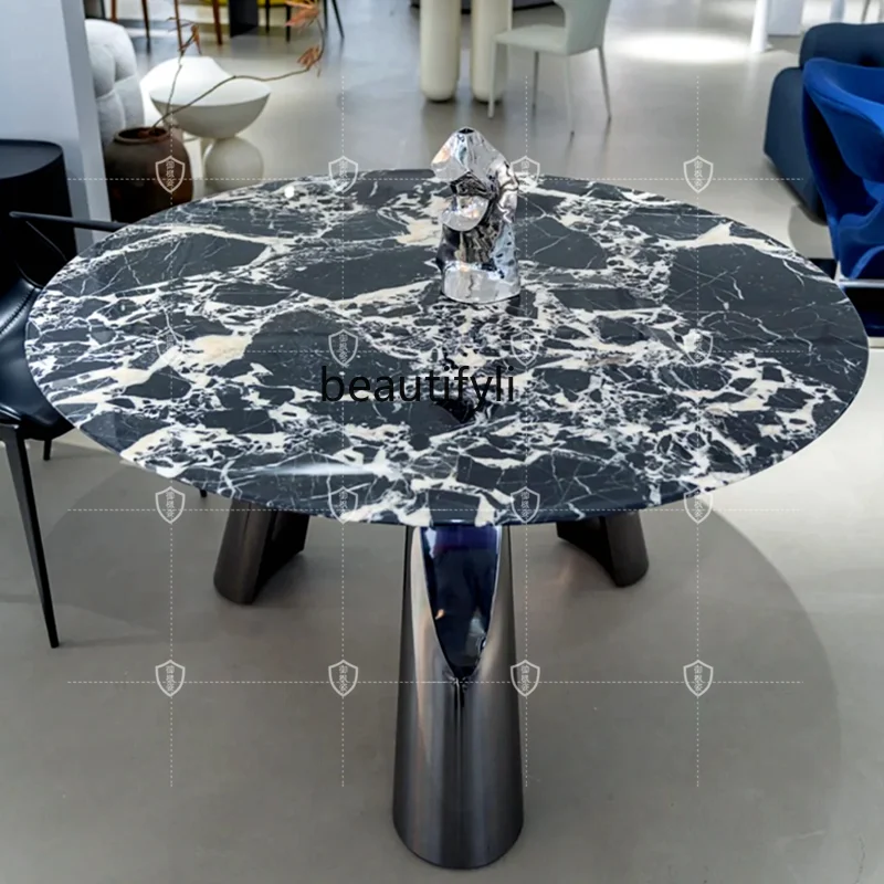 Natural Marble round Table Stone Black Modern Minimalist Italian Light Luxury round Dining Table