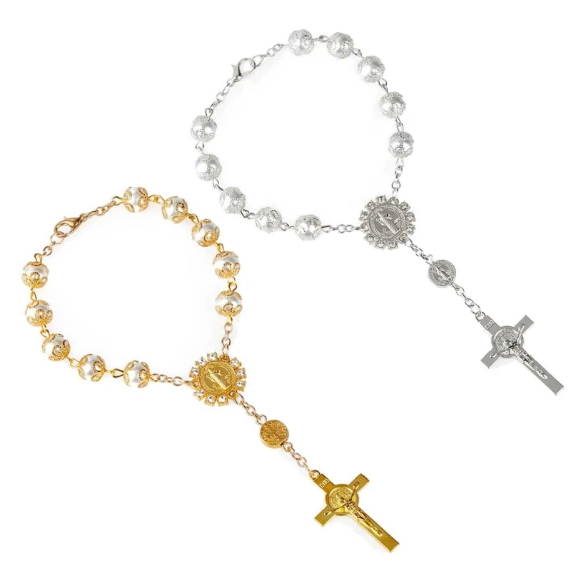 

31BB Glass Pearl with Torus Bracelet for Cross Catholic Rose Gold Rosary Bracelet Beaded Bracelet Jesus