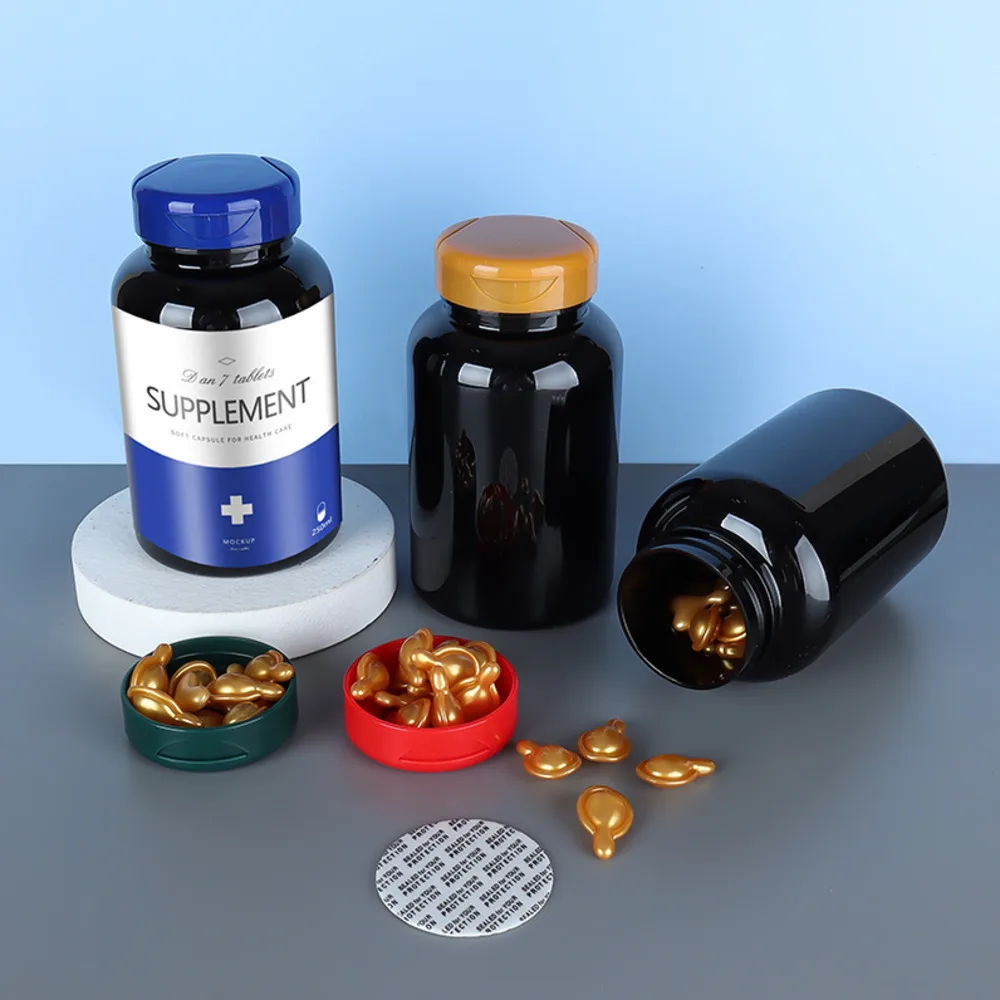 250ml black food-grade health product bottle, medicine tablet candy bottle, empty PET plastic bottle for packaging