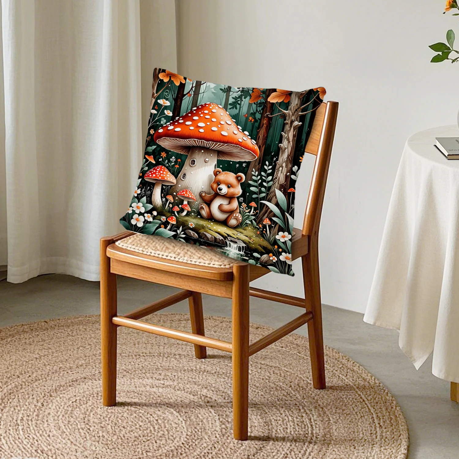 Mushroom House Linen Cushion Cover Cute Bear Woodland Animal Pillowcase Fairy Garden Forest Nature Decor Sofa Couch Living Room