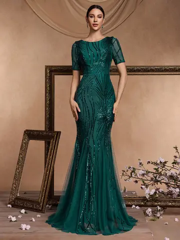 legant Short Sleeves Sequin Tulle Evening Dresses Women Luxury Mermaid Formal Bridesmaid Party Maxi Prom Dress