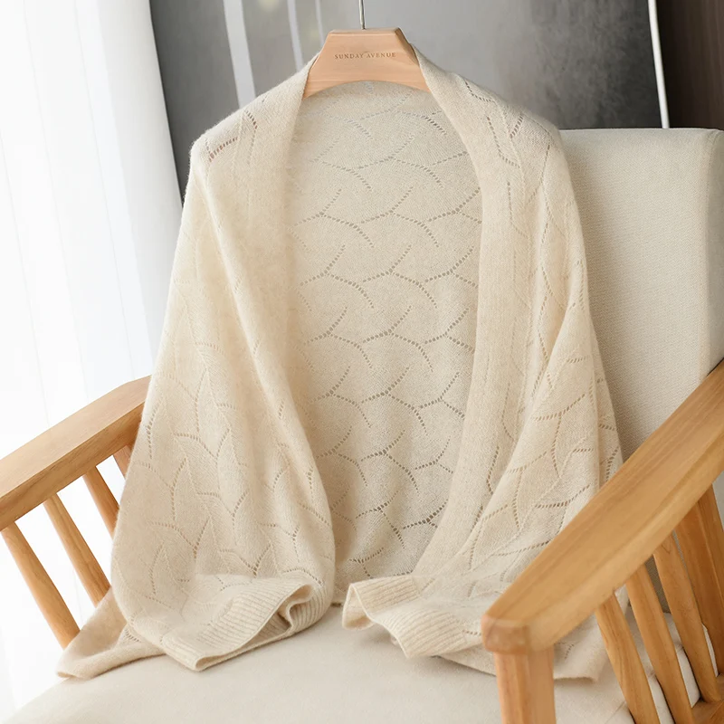 Spring And Summer New 100% Cashmere Shawl Cardigan For Women Hollow-Out Cape Air Conditioning Cover-Up Knitted Outerwear