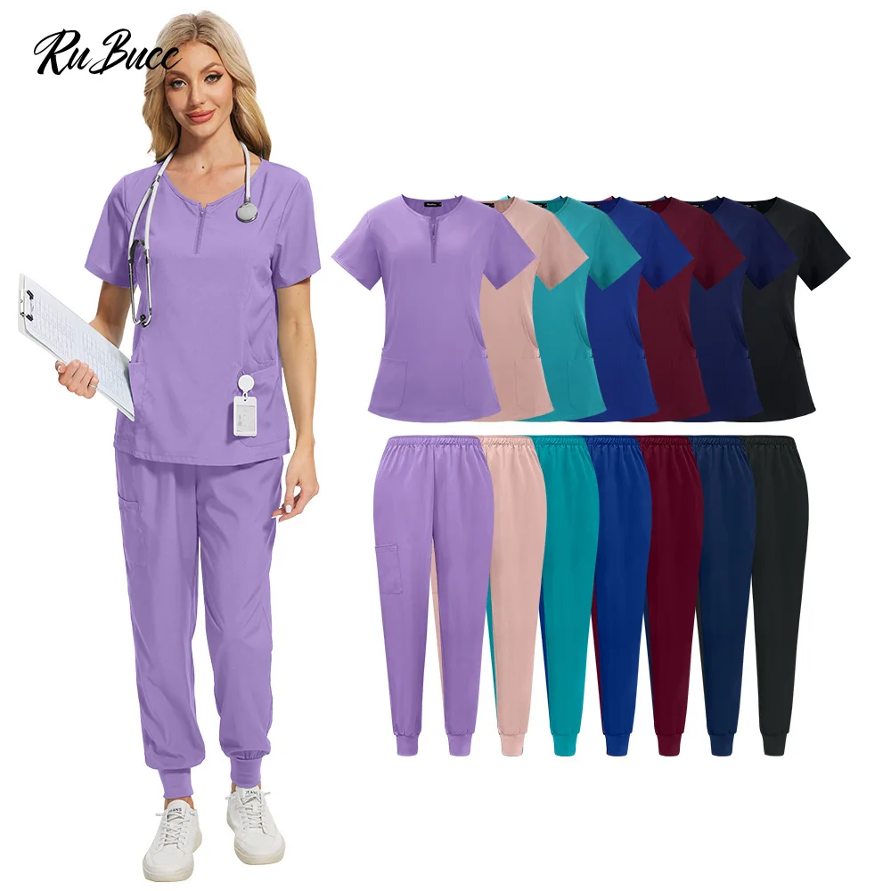 

Doctor and Nurse Medical Uniforms Wholesale Casual Short-sleeved Zipper-neck Jogger Pants Set Pet Hospital Pharmacy Work Uniform