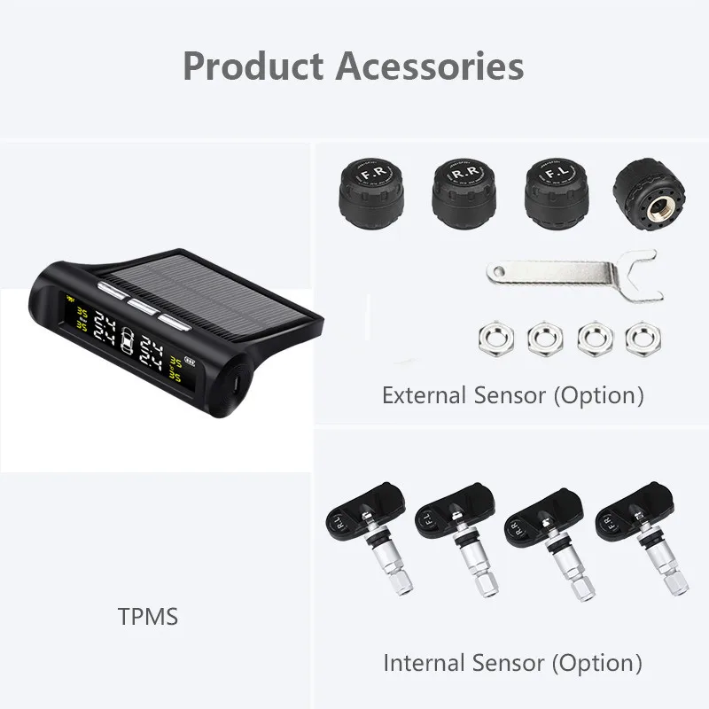 Car Tire Pressure Alarm Monitor System Solar wireless Sensor TPMS Monitoring 4 Wheel External/ Internal Tyre Pressure Sensors