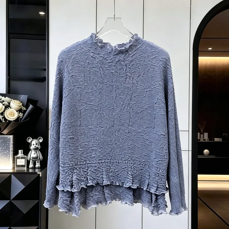 Miyake Pleated Long Sleeve T-Shirt 2026 Autumn New Fine Glitter Ruffled Edge Top Women's Lightweight Stretch Base Shirt Clothing