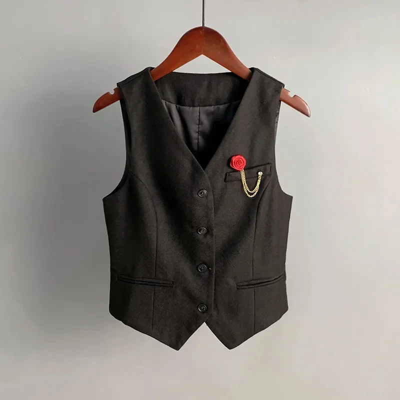 

Fashionable Sleeveless Suit Vest for Women in Spring and Autum Single-Breasted Short V Neck Top Layered with Workplace Elegant W