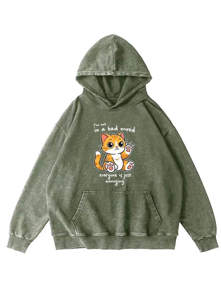 

Cat And Letter Pattern Printed Women Distressed Washed Hoody Cottton Soft Hooded Fashion Warm Hoodie Retro Autumn O-Neck Clothes