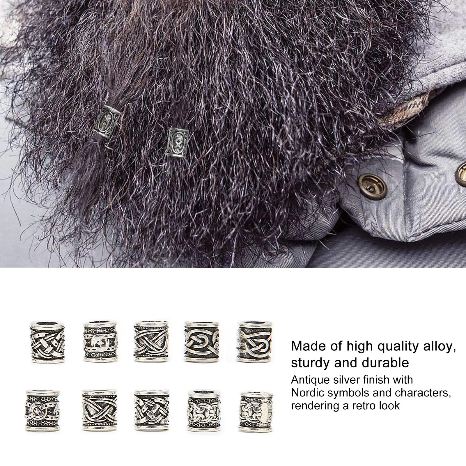 10Pcs Viking for beard Bead Set - Antique Norse Alloy Dreadlock Supplies for DIY Bracelet, Necklace, Hair Beading