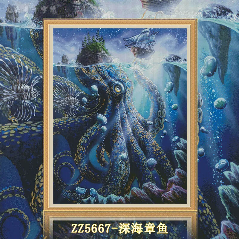 [ZZ5667-Deep Sea Octopus] Cross Stitch Kit 14CT 16CT, Cotton Embroidery Threads, Printed Fabric for Hand Stitching