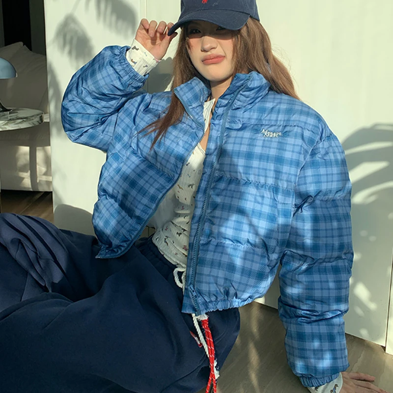 Coreano xadrez inverno inchado casaco feminino manga longa rua zip parkas jaqueta grossa quente estilo preppy casual outwear
