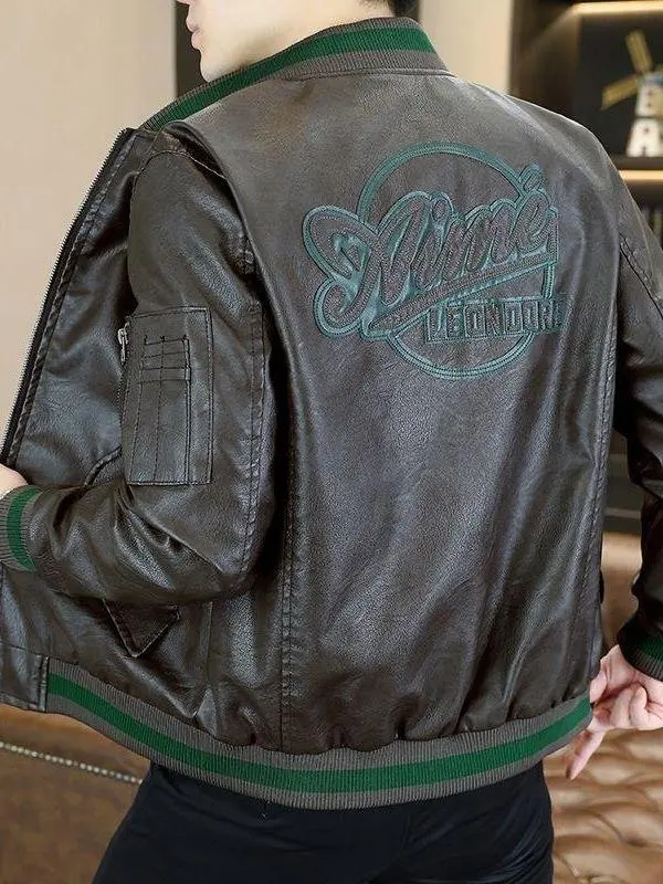 

Мужская кожаная куртка свободного кроя с вышивкой и воротником-стойкой, на подкладке, для мотоциклистов, осенне-зимняя, повседневная, модная верхняя одежда