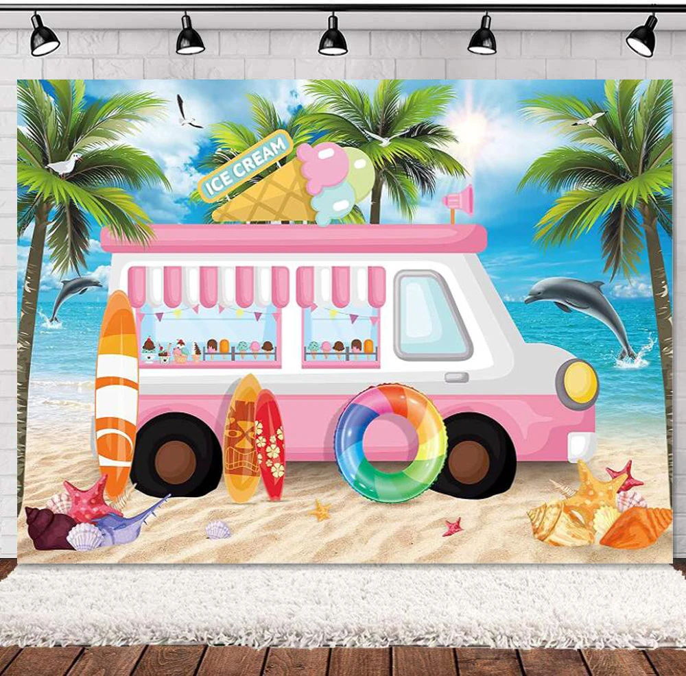 

Cream Party Photography Backdrop Dessert Shop Truck Background Summer Hawaii Beach Seaside Pink Car Girl Kids Birthday Decor