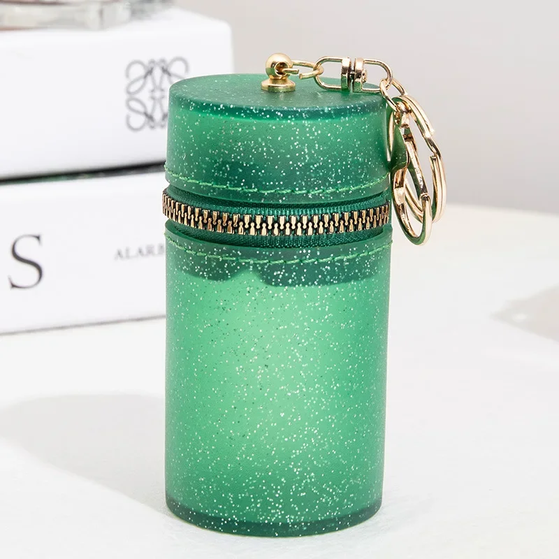 New Cylindrical Mini Lipstick Bag Candy Color Fine Glitter Zipper Coin Bag with Keychain Portable Lip Gloss Organizer Pouch