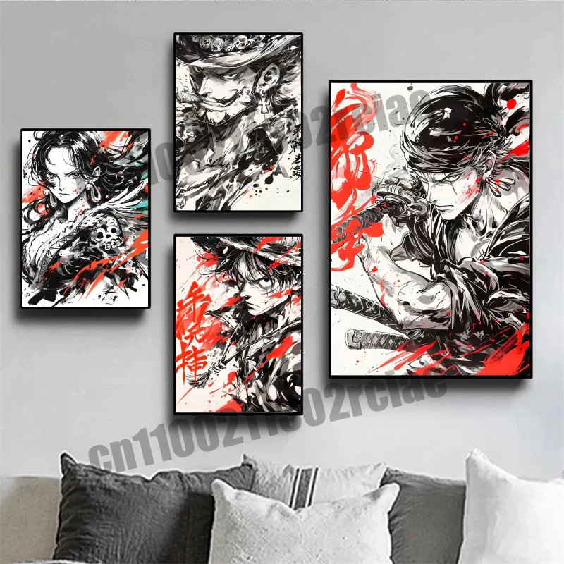 

Classic Cartoon One Piece Red and White Ink Painting Style Art Poster Canvas Painting Suitable for Living Room Decoration Gifts