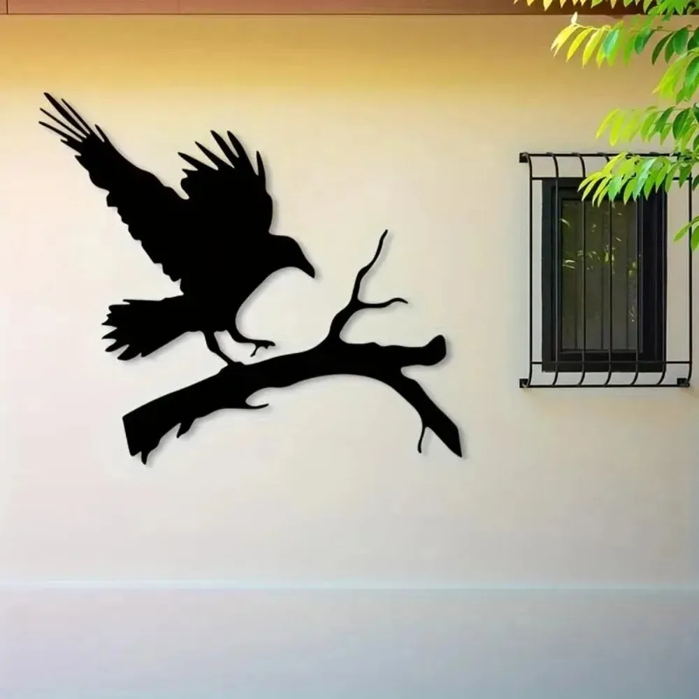 1PC Gothic Crow Aluminum Tin Wall Art Realistic Perching Bird Pattern Vintage Style Art Poster Home Living Room Indoor Wall Deco - view 5