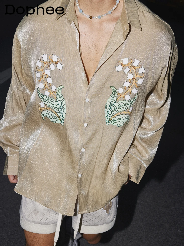 

Men's Original 2025 Summer New Fashion Gentle Flower Art Print Tops Long Sleeve Retro Shirts Male Handsome Loose Comfort Shirts