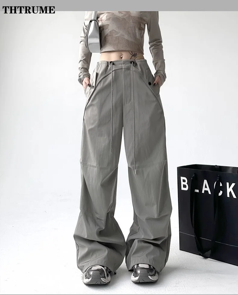 Retro Spring Summer Baggy Pants Fashion Women Loose Drawstring Vintage America Wide Leg Pant Streetwear Y2K New Cargo Trousers