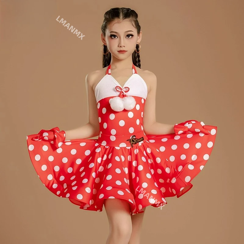 مهارات تدريب الرقص اللاتيني للأطفال، ملابس مهرجان المنافسة، مجموعة كبيرة منقطة مموجة باللونين الأحمر والأبيض #1